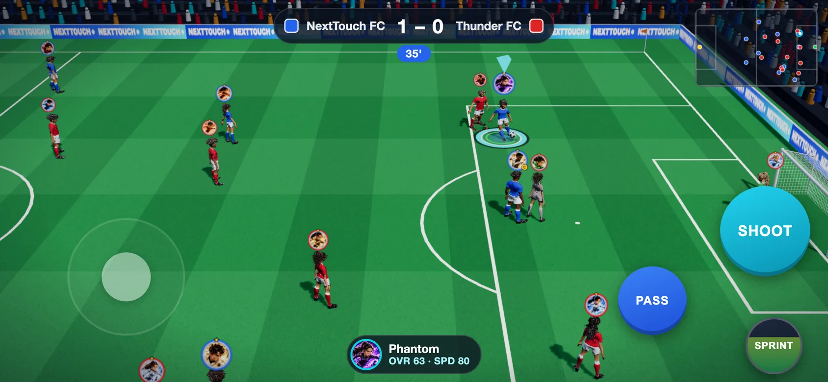 Hero Match 11v11 gameplay: the player's hero dribbles toward the box, with the score, radar and PASS, SHOOT and SPRINT buttons