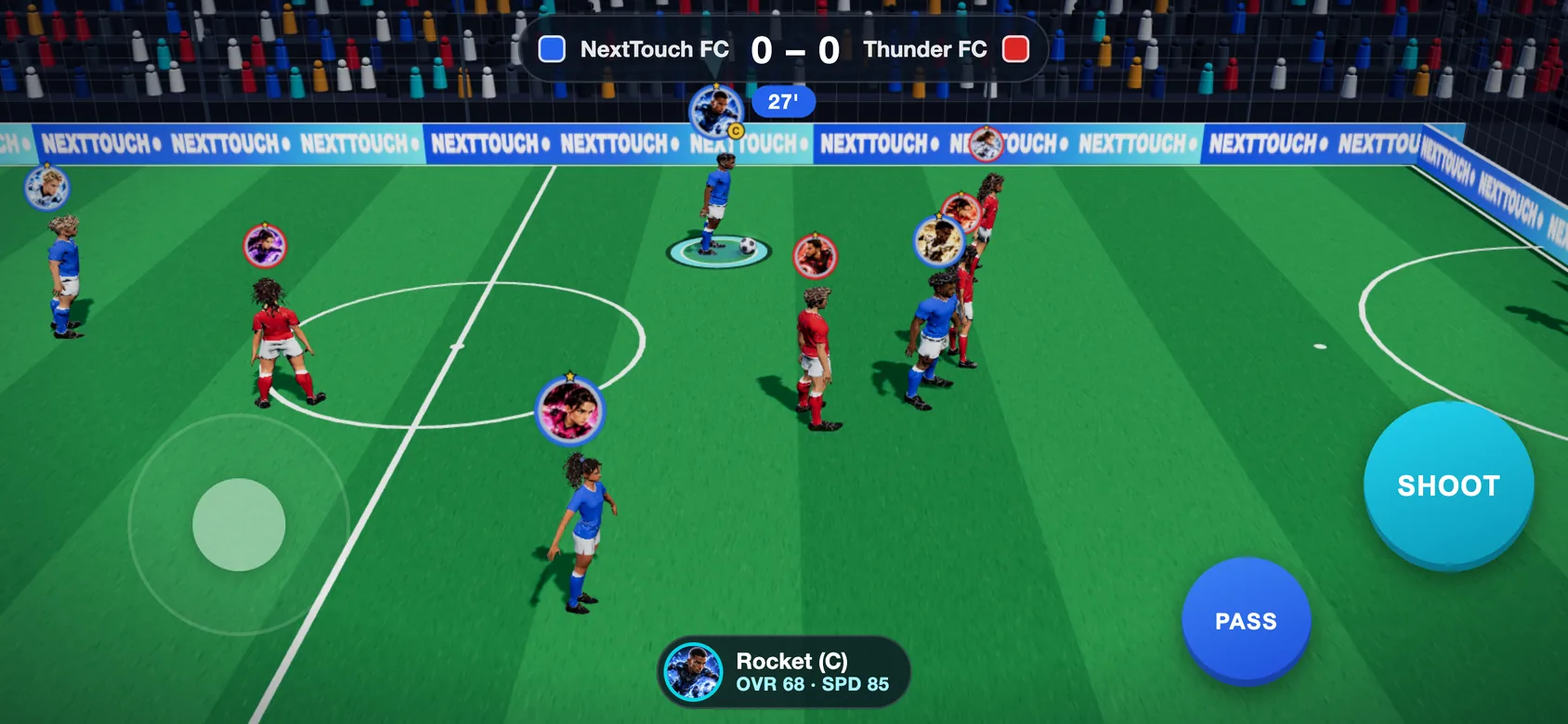 Hero Match 5v5 gameplay in the cage, with the player's captain on the ball