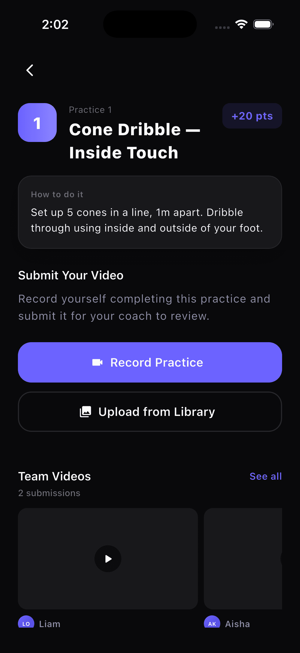 Practice submission screen in the NextTouch app
