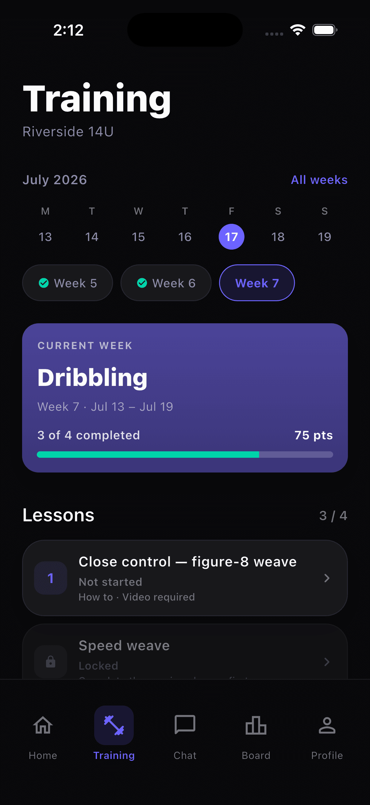 Training week screen in the NextTouch app